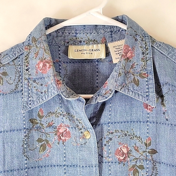 LEMON * GRASS Long Sleeve Button Down Floral Denim Shirt Size PL - Picture 4 of 7